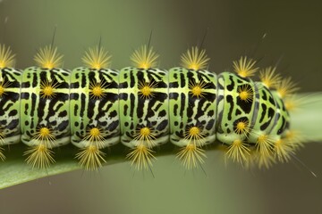 Obraz premium A hairy yellow and black caterpillar larva crawls on a fresh green garden leaf in a macro wildlife close-up during a sunny summer day