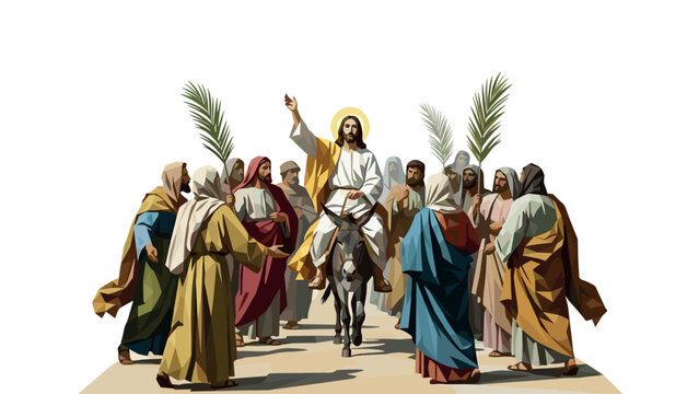 Palm sunday celebration with jesus on a donkey and followers in geometric style