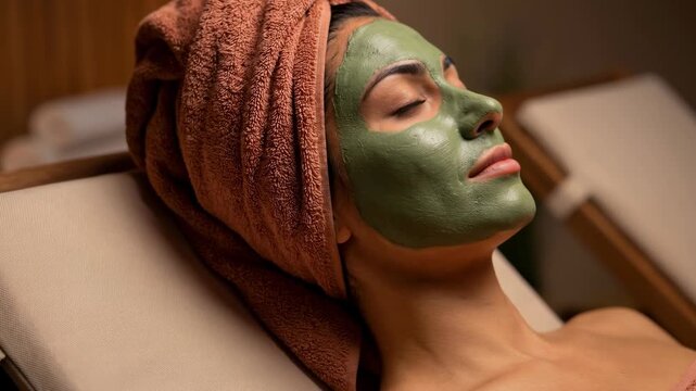 A woman relaxing with a green clay facial mask in a spa. Close-up of a beauty treatment for skin rejuvenation. Wellness and self-care concept