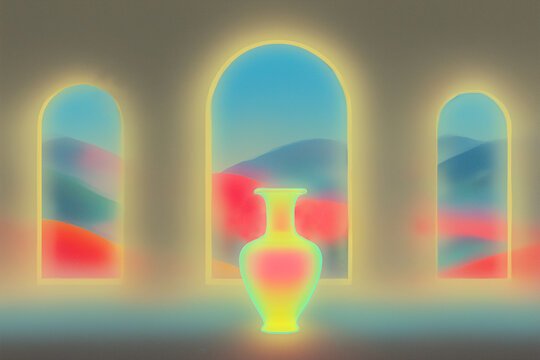 Surrealistic minimalist composition. An antique luminous amphora stands in the center of an empty room. The arched openings reveal a mountainous landscape