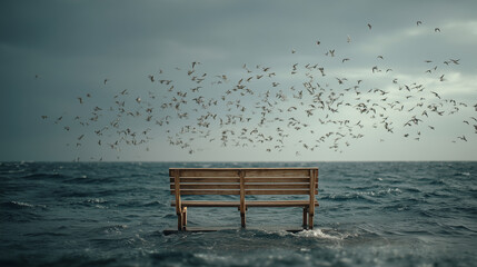 A wooden bench in open ocean, seabirds flying above, minimal composition
