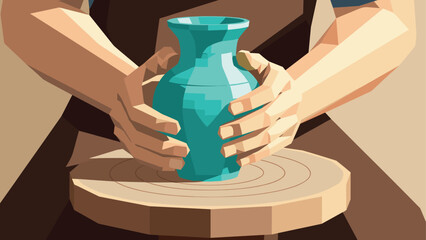 Crafting ceramics: geometric art of pottery making with hands on wheel