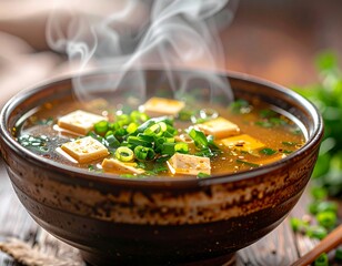 Steaming bowl of soup with tofu and green onions in a rustic setting, close-up shot, warm lighting