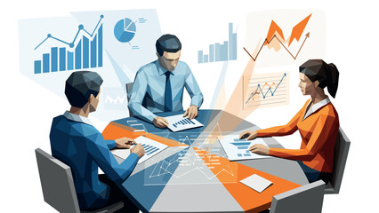 Business team analyzing data in modern office environment with graphs and charts
