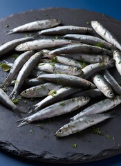 Fresh Raw Anchovies and Sardines on Dark Slate Board with Green Herbs for Seafood Cooking