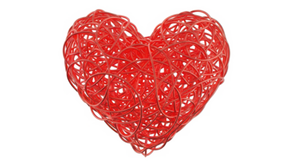 A beautifully crafted red heart sculpture woven from intricate strands, symbolizing love and connection isolated on transparent background