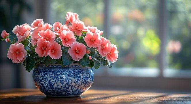 Vibrant pink begonias are arranged in a decorative blue floral pot on a wooden table