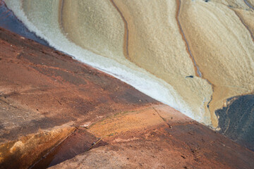 Contaminated sewage dirty fluid mix with chemical or crude oil, it floating on water surface at public water place. Environmental issue from industrial. Close-up