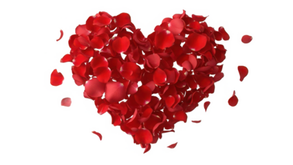 A beautiful heart shape formed by vibrant red rose petals symbolizing love and romance isolated on transparent background
