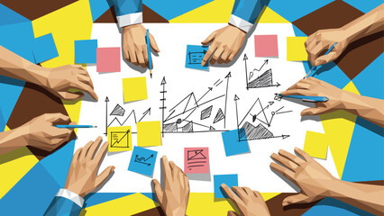 Collaborative business planning with data visualization and handcrafted charts in modern office