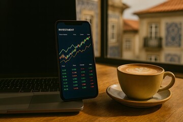 Mobile Stock Market Analysis on Smartphone Screen in Cafe Setting