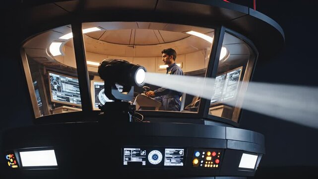Air traffic control tower at night