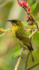 Striking yellow bird perched on a branch, with pink blooms adding a splash of color. Soft, blurred background