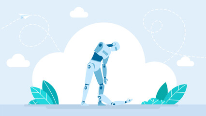 Robot or cyborg breaks. Robot with artificial intelligence failures overloaded and broken down. AI not coped with the task. Artificial brain glitch and exploded. Robotics and bots. Vector illustration