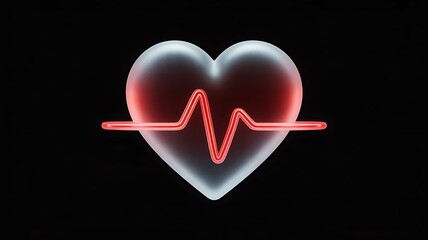 Medical Cardiology Heart Rate Concept with Red Glowing Pulse Line and Glass Heart Icon.