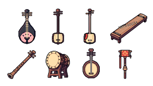 Pixel art traditional asian musical instruments collection