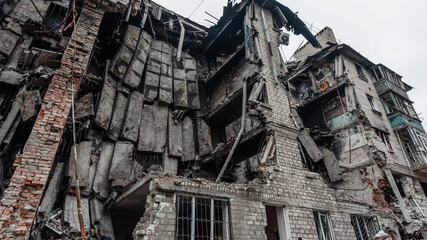 ruined street and destroyed houses the city Kiev war in Ukraine