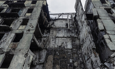 ruined street and destroyed houses the city Kiev war in Ukraine