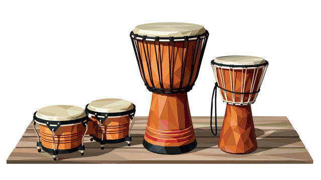 Geometric drums on wooden stage: djembe and bongo with polygonal design