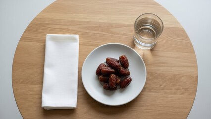 A plate of dates with a napkin and glass of water on a wooden table