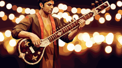 Obraz premium Low poly musician playing sitar with bokeh background and lights