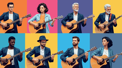 Diverse musicians playing guitar in vibrant pop art style portraits