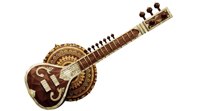 Polygonal sitar with ornate mandala design in low poly style