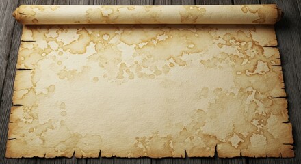 Aged Parchment Scroll with Stains on Wooden Surface Textured Background