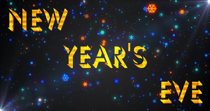 New Year Text With Color Snow.Gold New Year's Eve Text Animation On Heavy Snow In 4K.New Year Animation For The Celebration, Greeting Card,Twinkling Lights,snow.Beautiful Christmas Winter background
