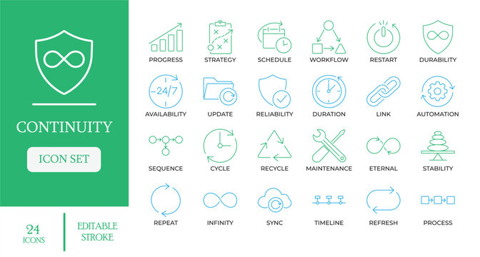 Continuity and Business Process Icons. Featuring infinity loop, workflow automation, progress, and sustainable system symbols. Editable line vector for management apps and reports