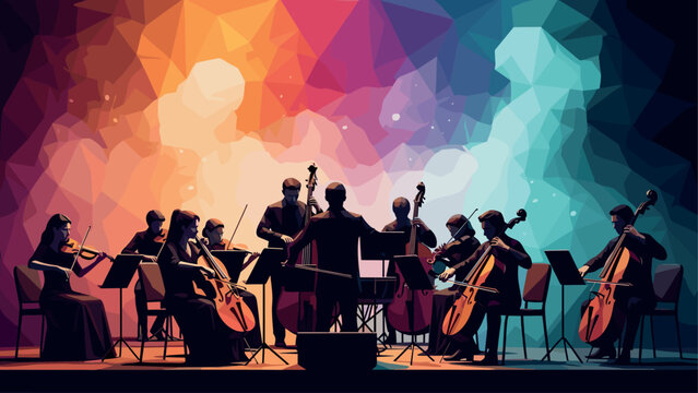 Colorful low poly orchestra: symphonic harmony in geometric art
