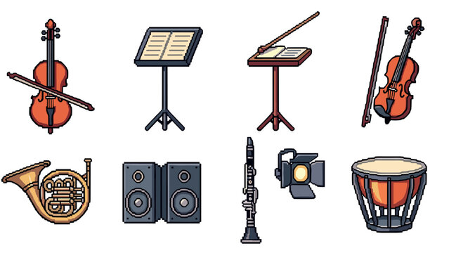 Pixel art orchestra set: musical instruments and accessories