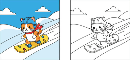 Naklejka premium Cute cartoon cat snowboarding down a snowy mountain slope wearing a helmet and scarf, vector illustration of happy kitten doing winter sports.