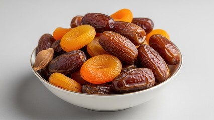 Assortment of Dried Apricots and Dates in a White Bowl with Subtle Texture on a Light Gray