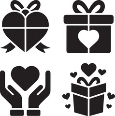 Valentine gift and heart icons flat black vector silhouette set

