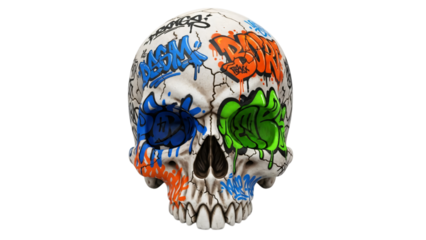 Skull with colorful graffiti paint on it and the words graffiti written.