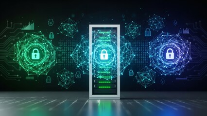 Secure digital doorway with glowing lock icons and futuristic circuit board background