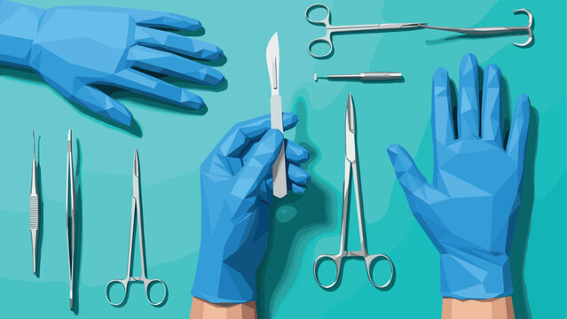 Low poly surgical tools and gloved hands on teal background