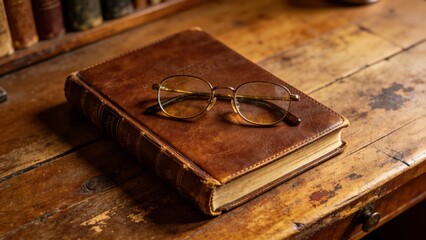 Book with reading glasses on vintage wood table on Abraham Lincoln's birthday in a cozy reading space