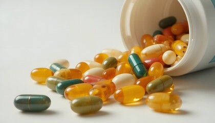 Close-up of multivitamin capsules spilling gently from a plain container.