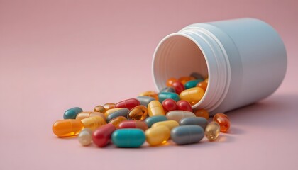 Close-up of multivitamin capsules spilling gently from a plain container.