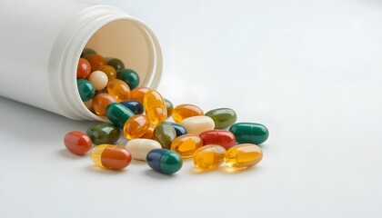 Close-up of multivitamin capsules spilling gently from a plain container.