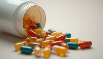 Close-up of multivitamin capsules spilling gently from a plain container.