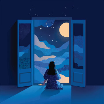 Peaceful Girl Gazing at Night Sky through Window Camouflage Background Illustration
