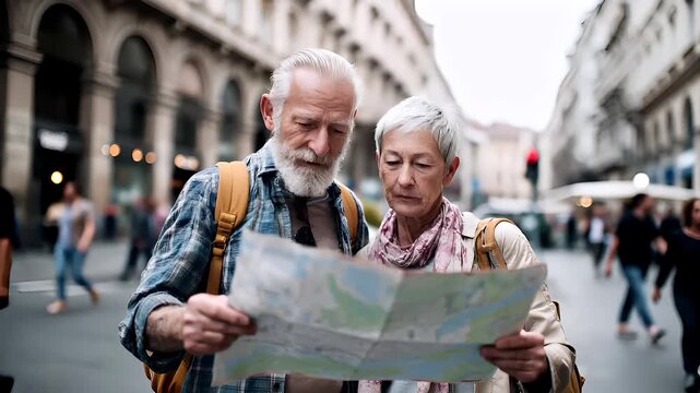 A candid street photograph capturing a moment between two elderly individuals. The man, on the left, is engrossed in reading a map, while the woman, slightly behind him.