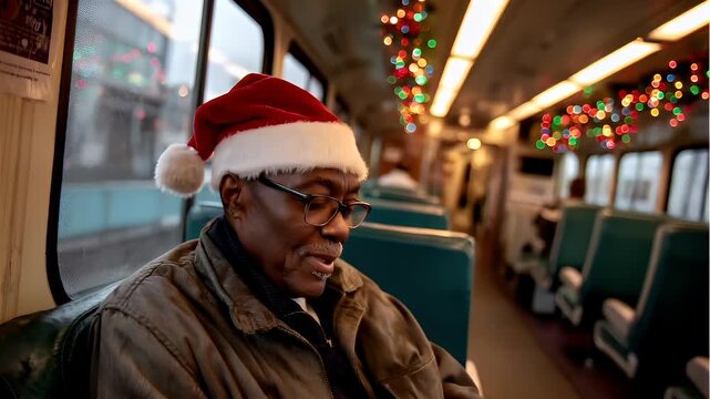A man in a Santa hat is seated inside a train, looking out the window. The trains interior is adorned with festive lights, and the man is wearing glasses and a brown jacket.