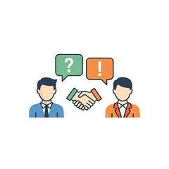 Businessmen Shaking Hands with Question and Exclamation Marks Above Heads