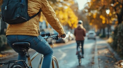 A man is riding a bicycle with a backpack on his back