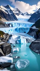 Turquoise glacial waters flow amidst snowy peaks, dark rocks, and bright sky creating a cold, serene landscape