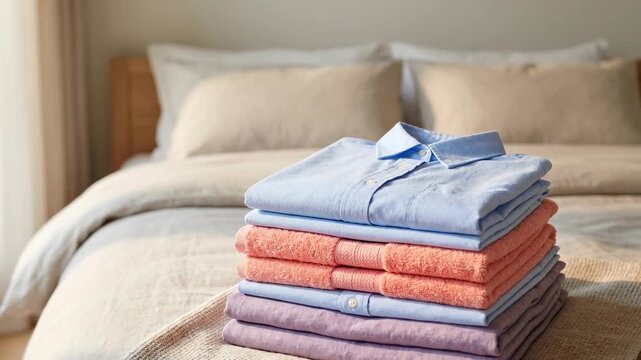 Neatly folded laundry stack on a bed in a bright bedroom. Freshly washed shirts and towels for home organization. Clean textiles and domestic comfort